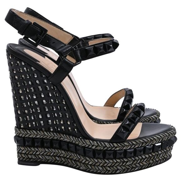 Christian Louboutin Studded Cataclou Espadrille Wedge Sandals in Black Leather